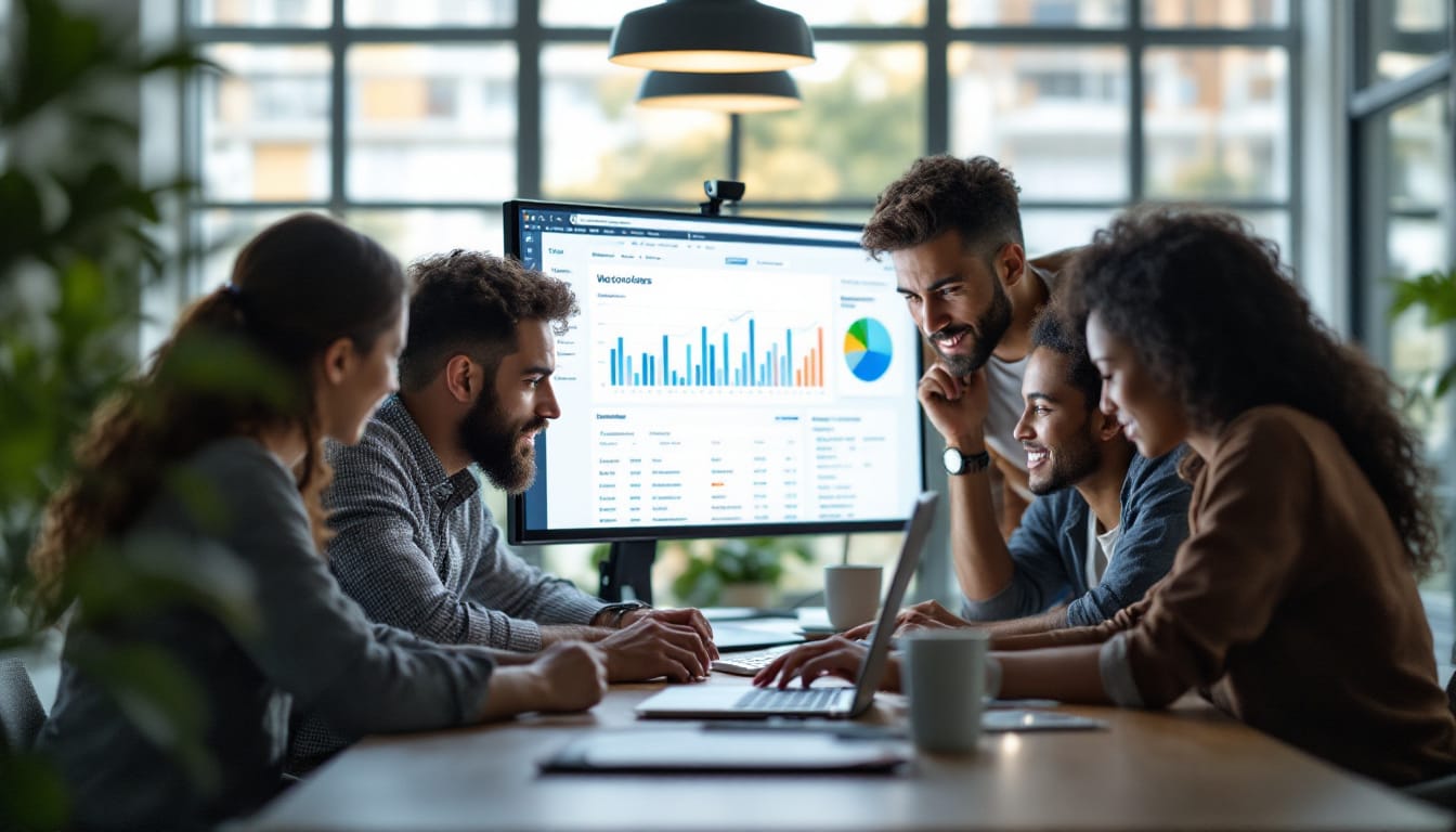 A photograph of a diverse team of professionals collaborating around a computer