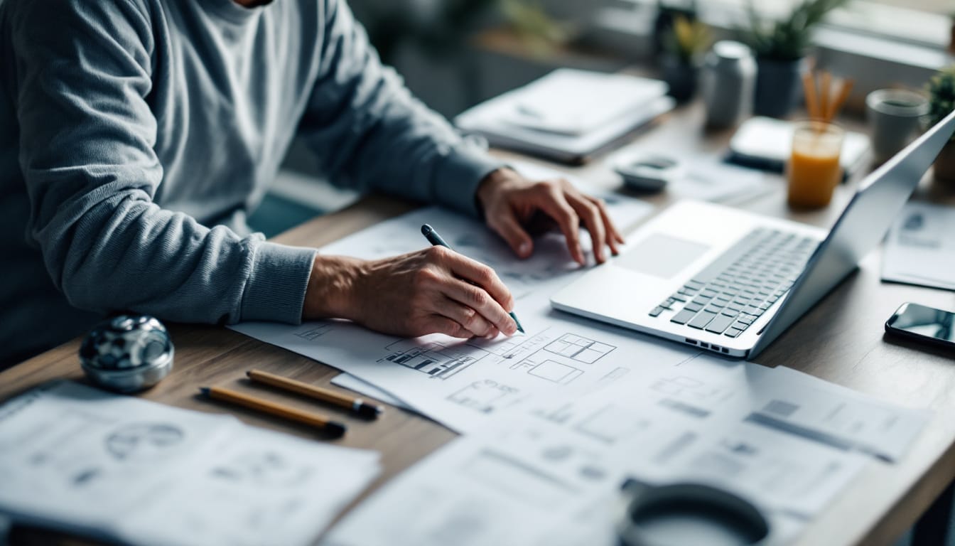 Person sketching architectural plans at a desk.